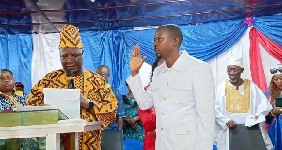 Hon. Karyou Johnson takes the oath as the 46th Superintendent of Grand Bassa County at the Unification Pavilion on March 14, marking a new era of leadership under the guidance of Hon. F. Sakila Nyumalin, Sr., Minister of Internal Affairs.